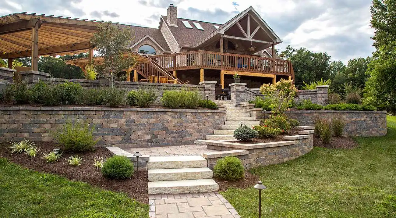 Terraced block retaining walls with integrated steps, patios, lawn, and planting