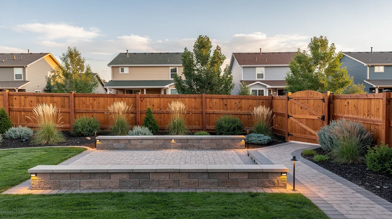 Complete residential landscape concept with a paver patio, walkway, illuminated seat walls, lawn, layered planting, wood fencing, and a gate
