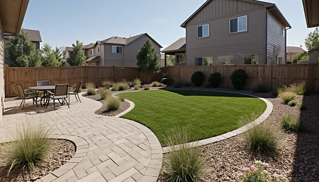 Residential landscape design concept for an Aurora-area setting with a paver patio, connected walkway, lawn, planting beds, and a coordinated backyard layout