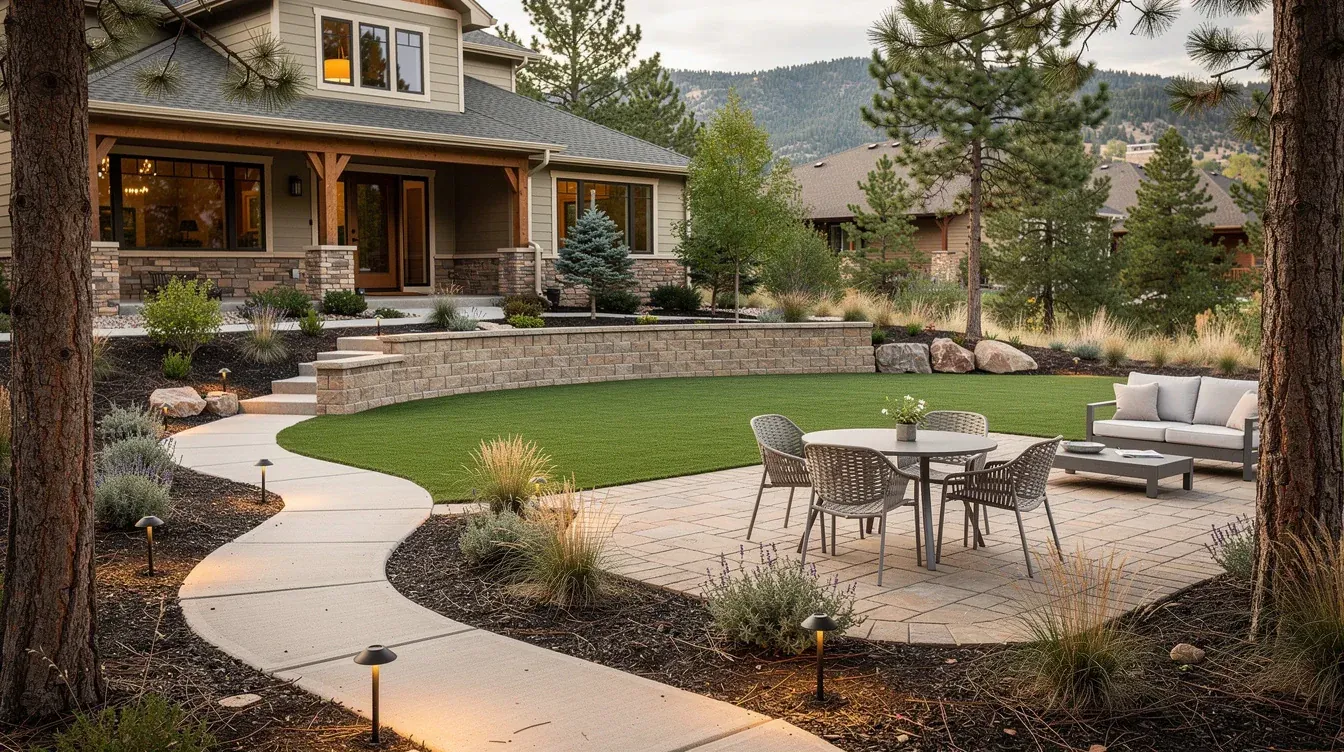 Complete outdoor landscape design concept for a wooded Castle Pines setting with a patio, walkway, retaining wall, lawn, planting beds, and low-voltage lighting