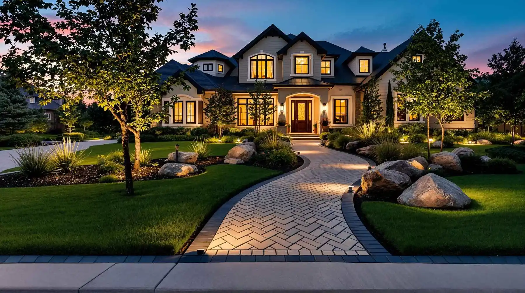 Front-yard landscape at dusk with a curved paver walkway, boulders, lawn, planting beds, and low-voltage lighting