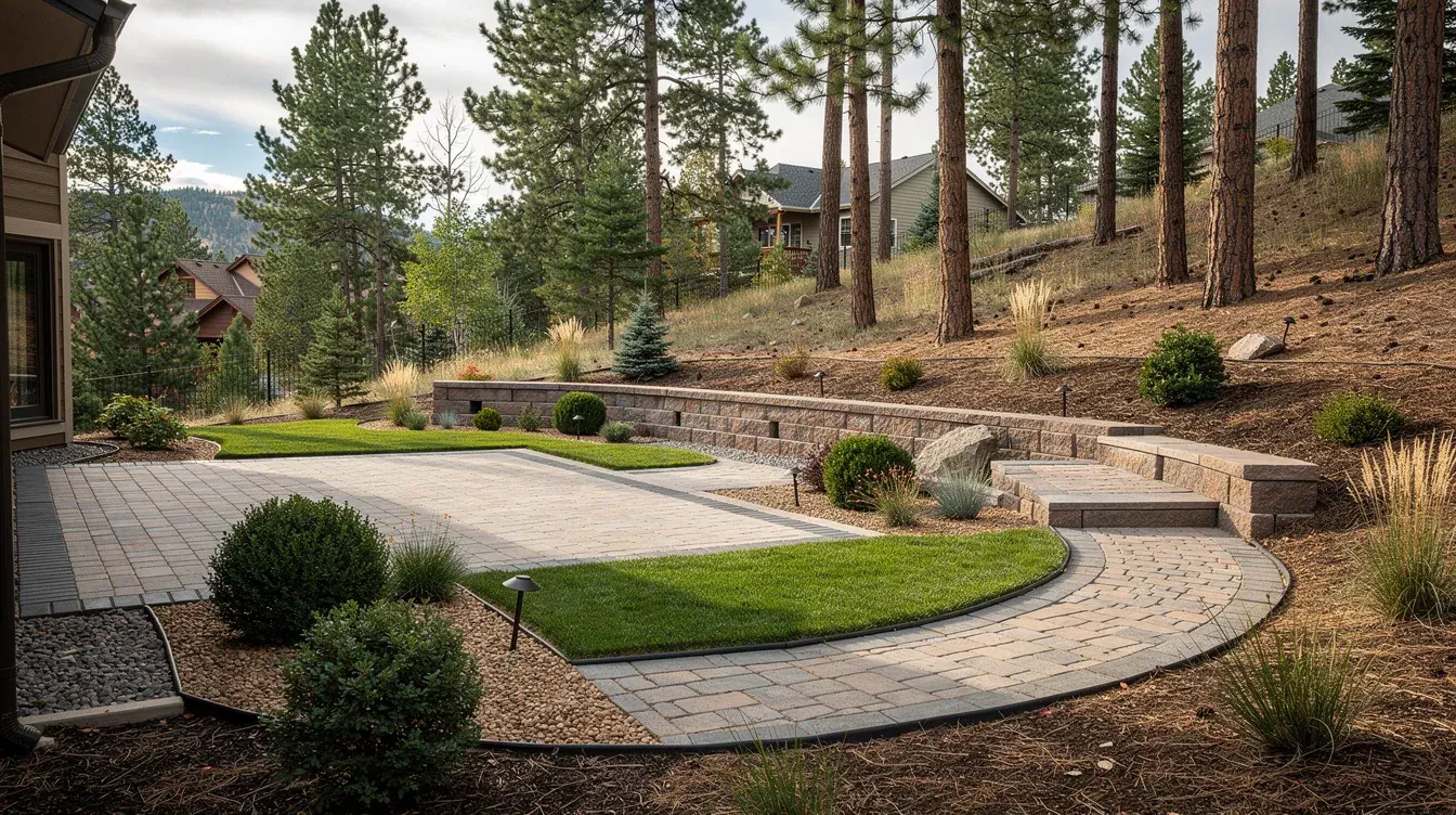 Residential landscape design concept for a wooded Castle Pines setting with a paver patio, curved walkway, retaining walls, lawn, and planting beds