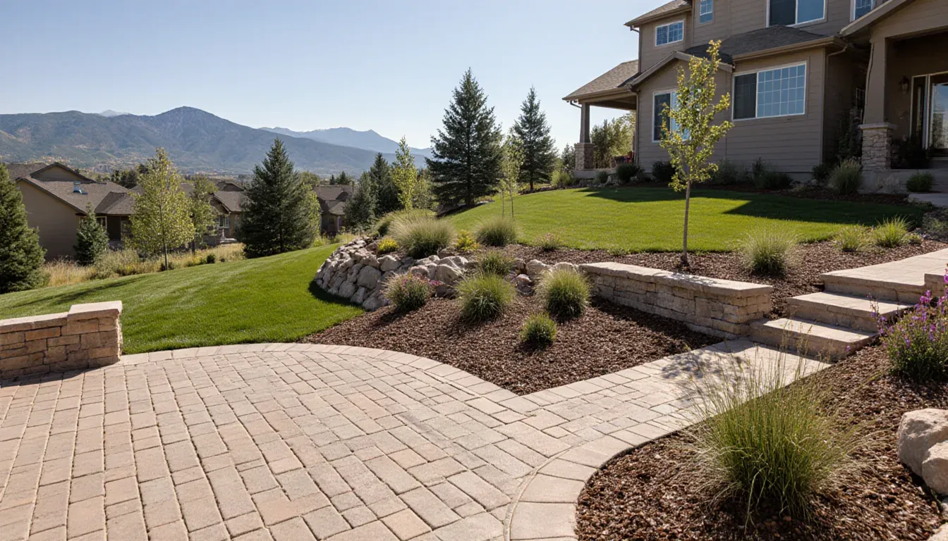 Custom residential landscape design concept with a paver patio and walkway, terraced lawn, retaining walls, and planting beds on a sloped Colorado lot