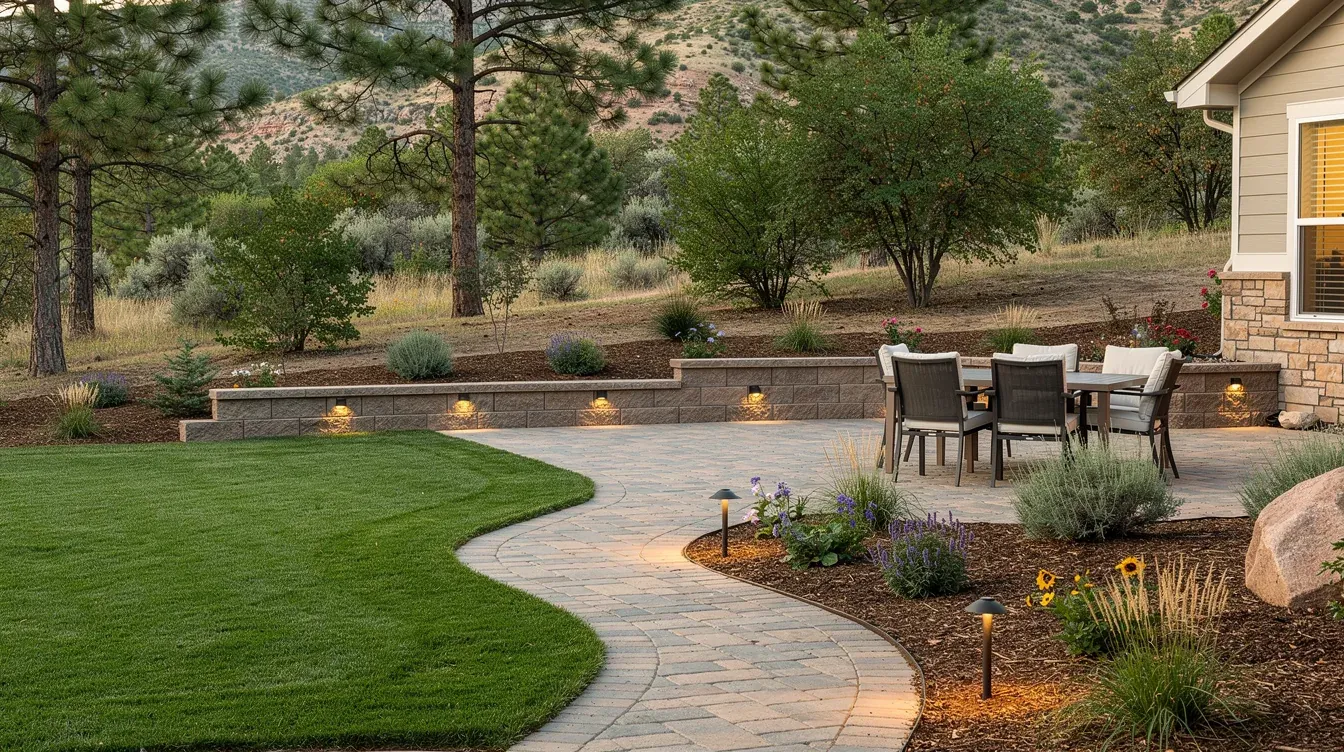 Professional landscape design and installation concept with a paver patio, curved walkway, lighted retaining wall, lawn, and water-wise planting