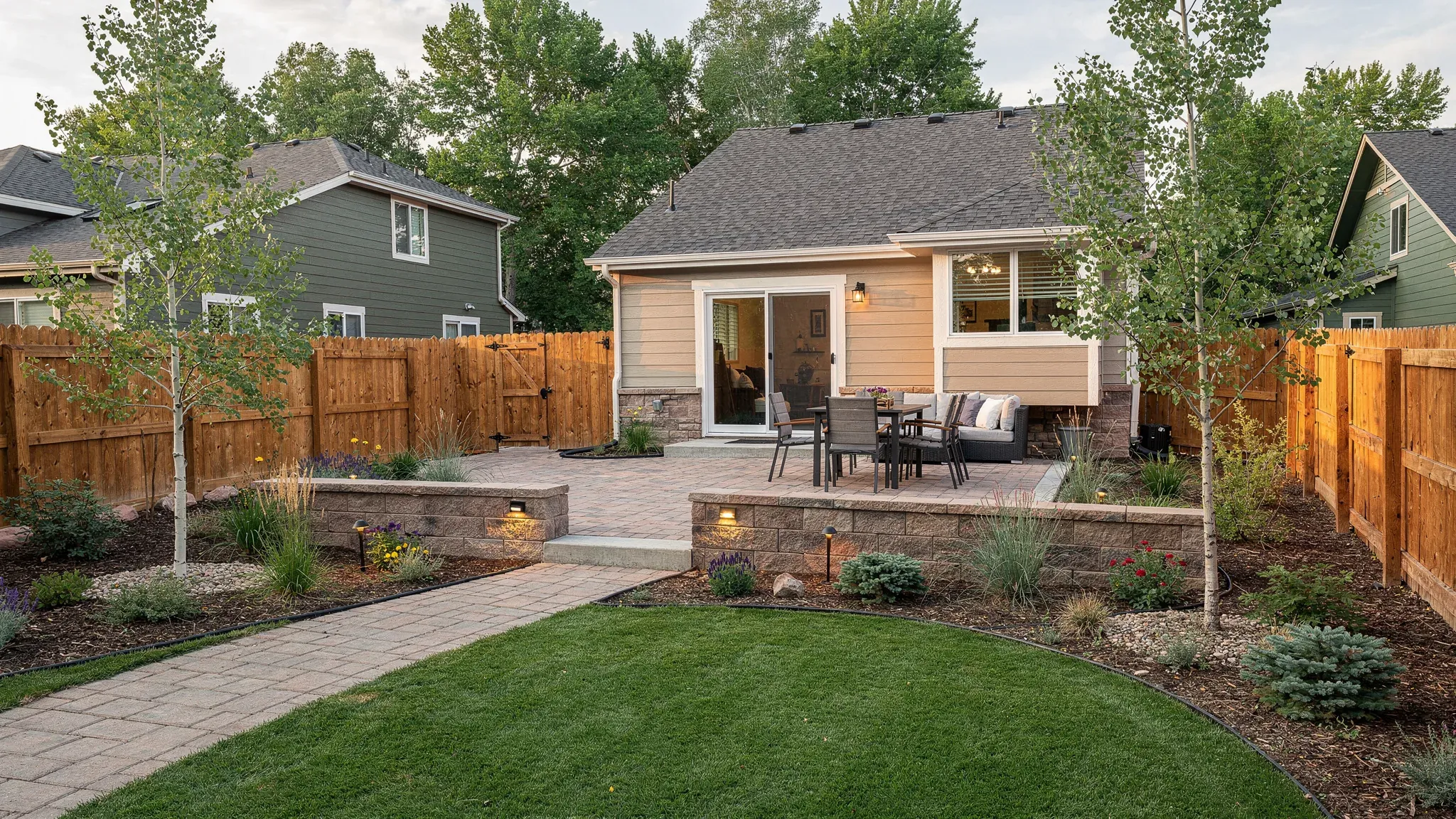 Complete residential landscape concept with a paver patio and walkway, low seat walls, lawn, layered planting, lighting, and privacy fencing