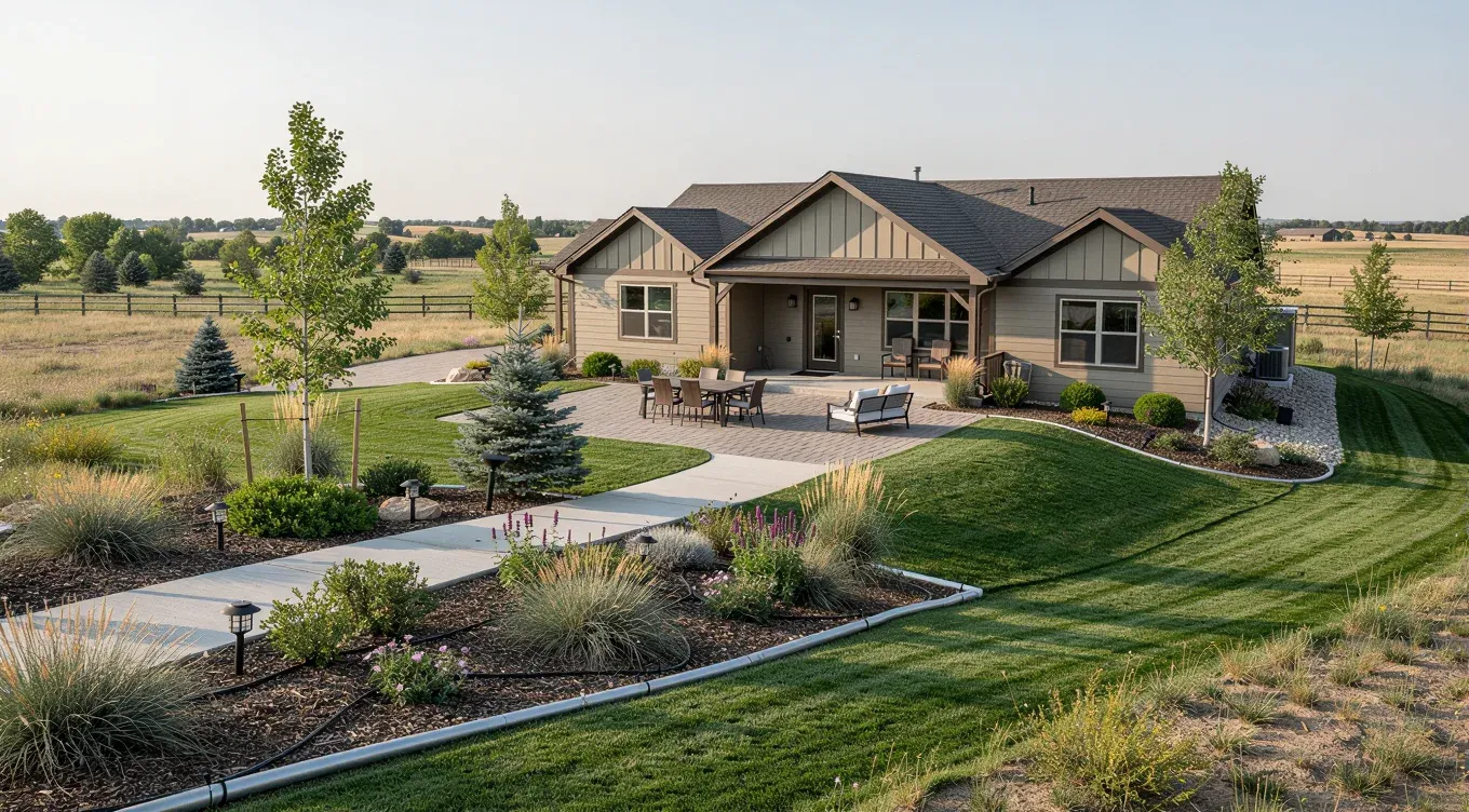 Residential acreage landscape design concept with a paver patio, connected walkway, lawn, water-wise planting, and open ground beyond the maintained yard