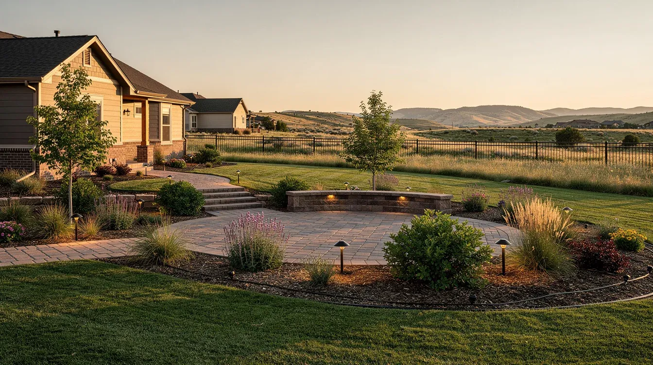 Complete rural residential landscape concept with a paver patio, walkway, low retaining wall, lawn, water-wise planting, landscape lighting, fencing, and open ground beyond