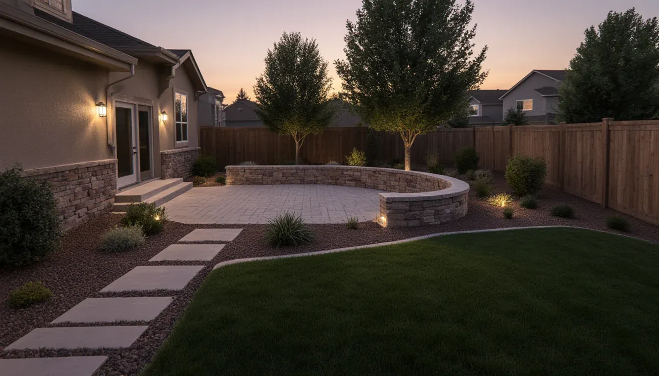 Complete outdoor renovation concept with a paver patio, curved seat wall, mature trees, lawn, wood fencing, and low-voltage landscape lighting