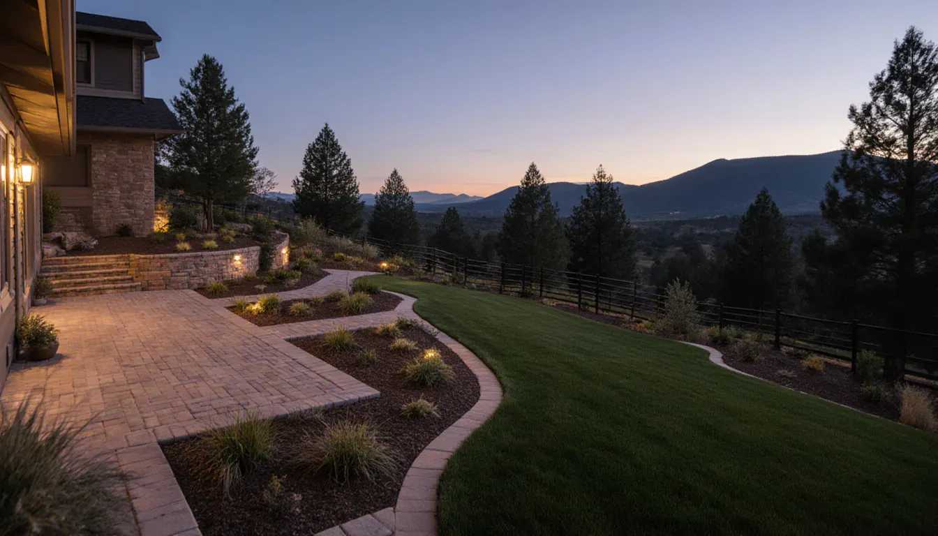 Complete foothills residential landscape concept with a paver patio, connected walkways, low retaining walls, lawn, planting, lighting, fencing, and natural ground beyond