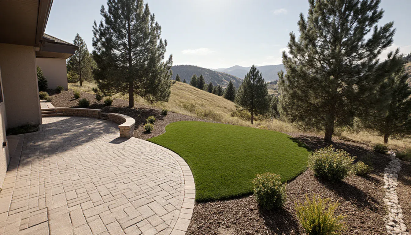 Residential landscape design concept for a Larkspur-area foothills setting with a paver patio, lawn, rock planting beds, mature pines, and natural ground beyond
