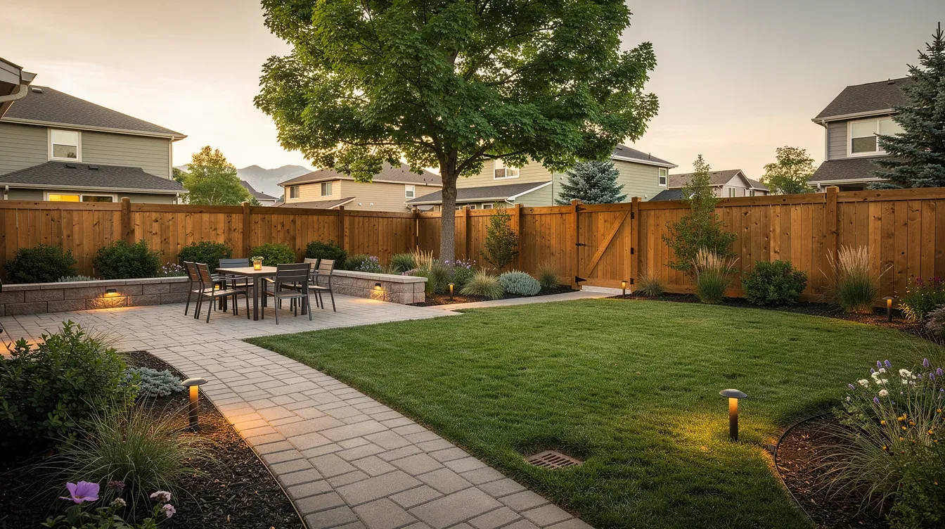 Renovated backyard concept with a paver patio and walkway, low seat wall, lawn, layered planting, path lighting, wood fencing, and a mature tree
