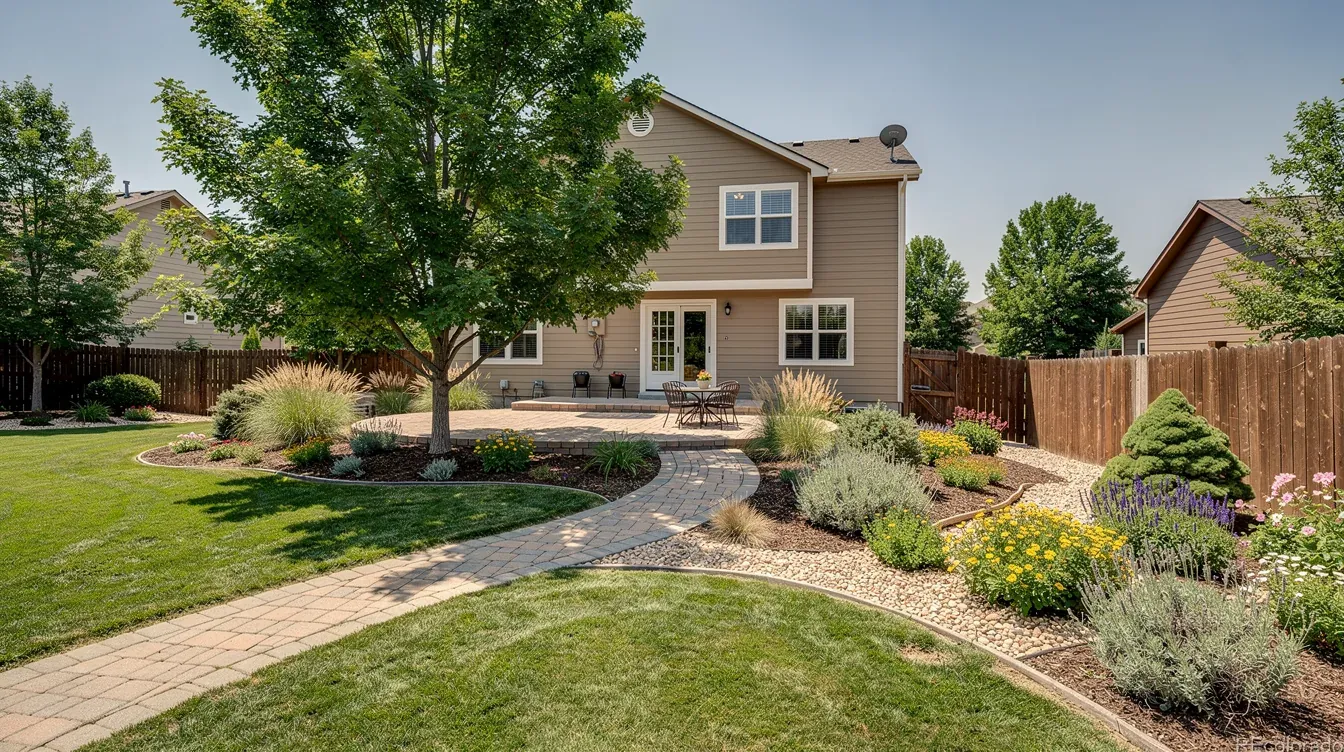 Established backyard concept with a mature shade tree, curved paver walkway, patio, lawn, and renewed planting beds