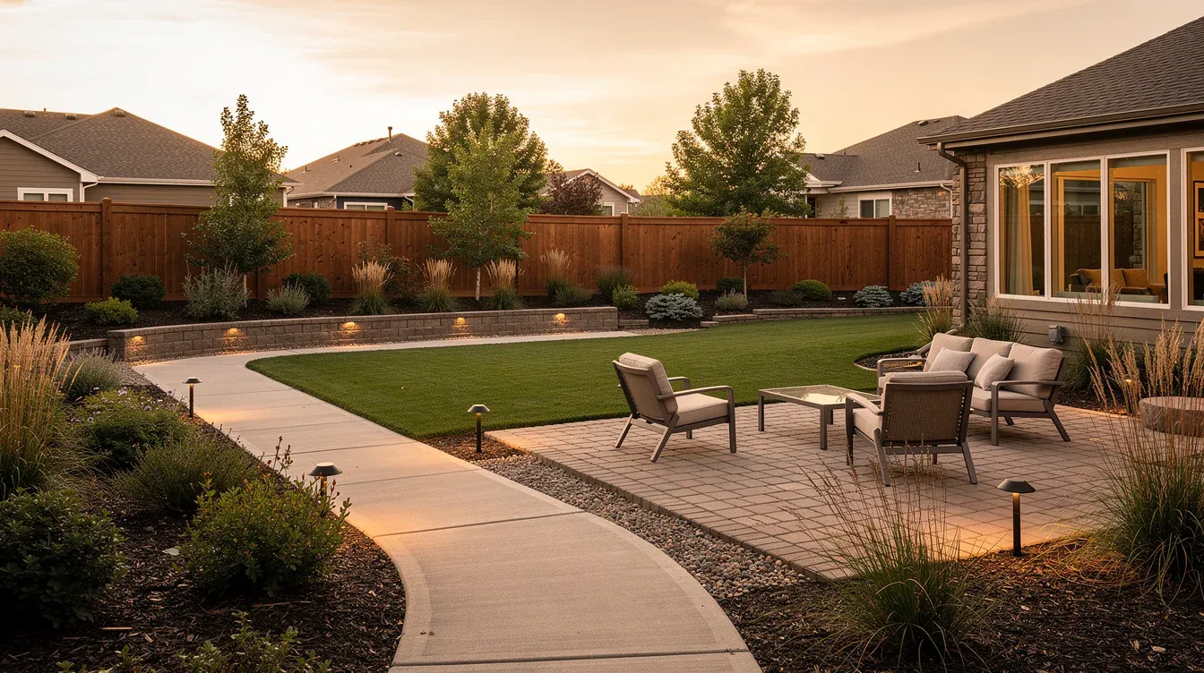 Complete outdoor landscape design concept with a paver patio, connected walkway, retaining wall, lawn, planting beds, and low-voltage lighting