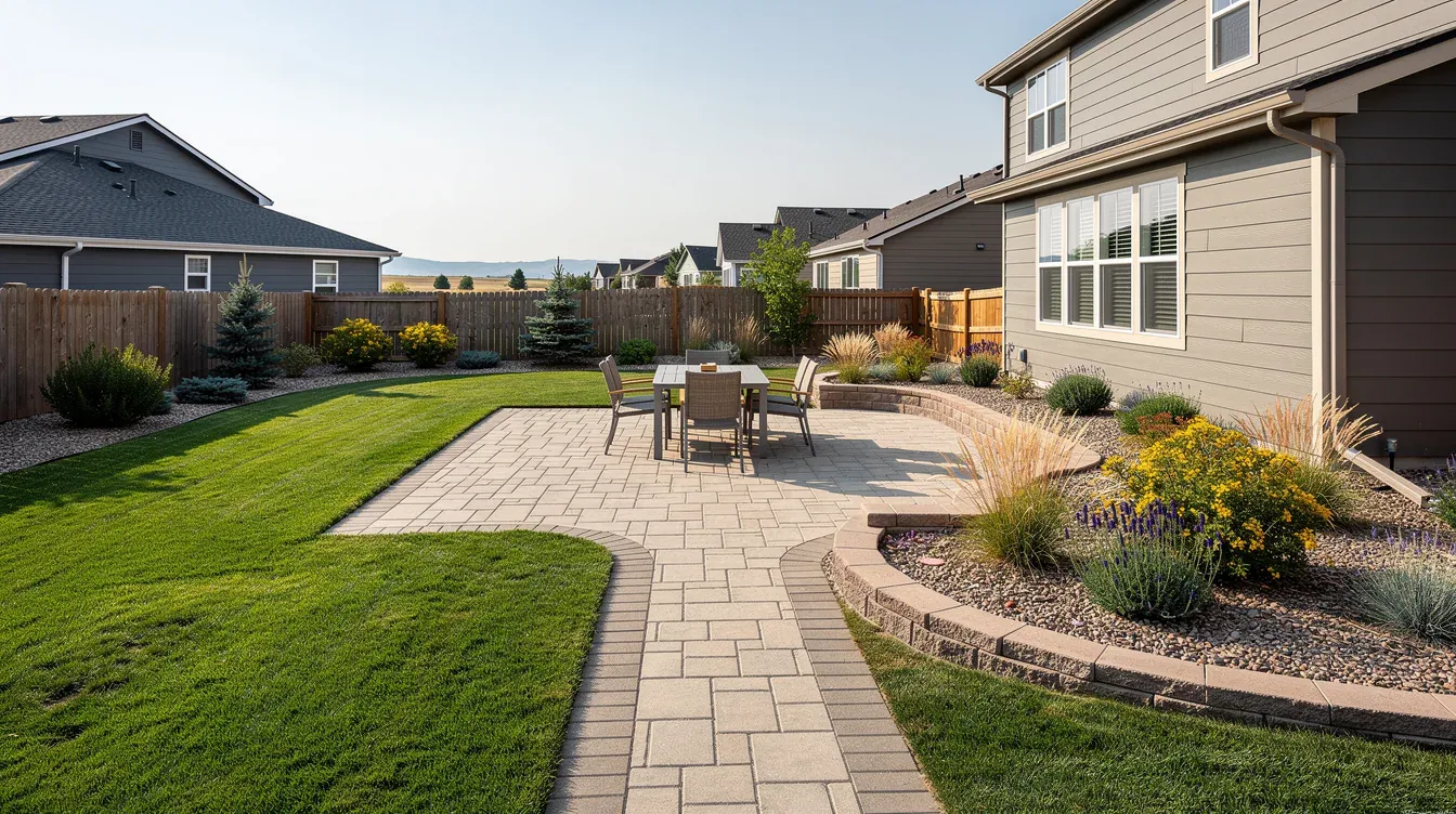 Residential landscape design concept for a Parker-area setting with a paver patio, connected walkway, lawn, low retaining transitions, and planting beds