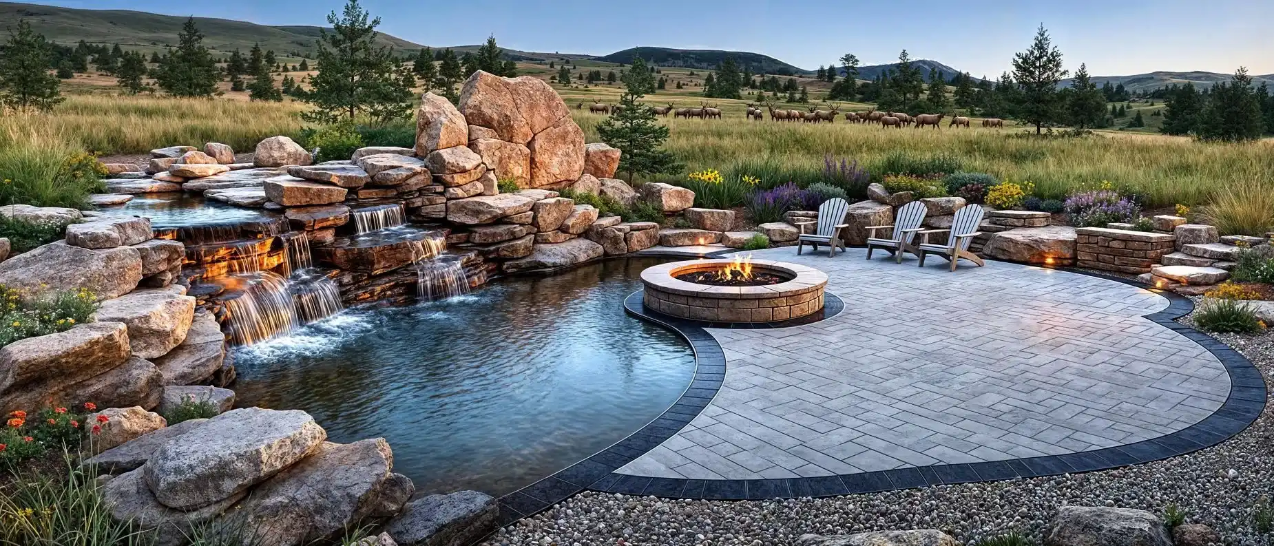 Finished backyard landscape with a stacked-stone waterfall water feature, a built-in fire pit, boulders, and planting