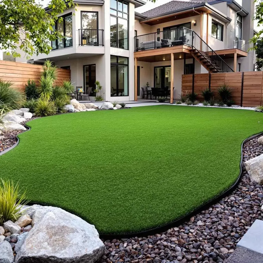 Artificial turf lawn with curved edging and planting beds