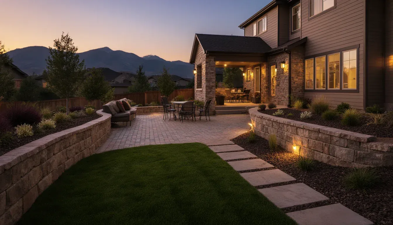 Complete residential landscape concept at dusk with a paver patio, retaining and seat walls, lawn, water-wise planting, walkway, and low-voltage lighting