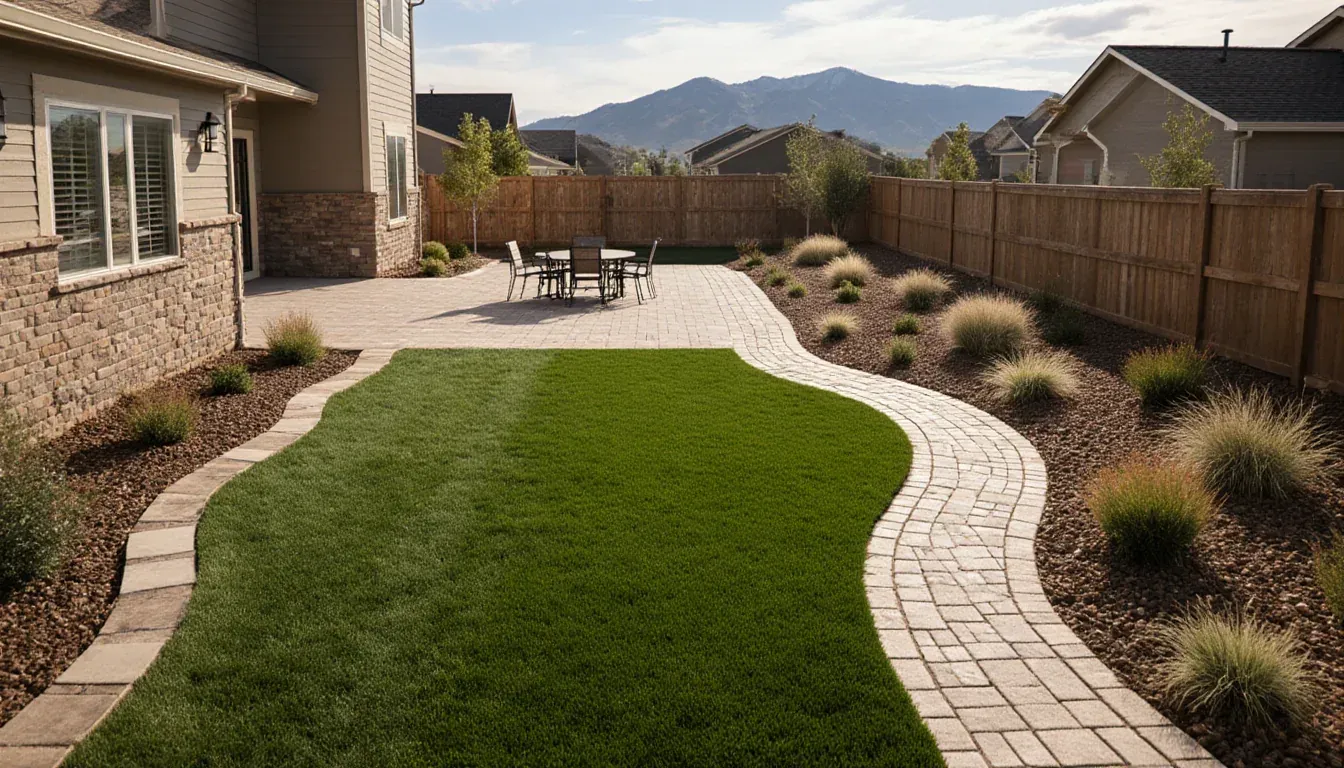 Residential landscape design concept in a newer Colorado neighborhood with a paver patio, connected walkway, lawn, and water-wise planting beds