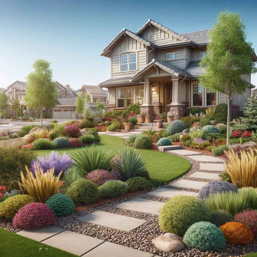 Beautifully landscaped front yard in Parker, Colorado, featuring a manicured lawn, colorful flower beds, stone pathway, shrubs, small trees, and a modern suburban home with a light-colored exterior and large windows under a clear blue sky.