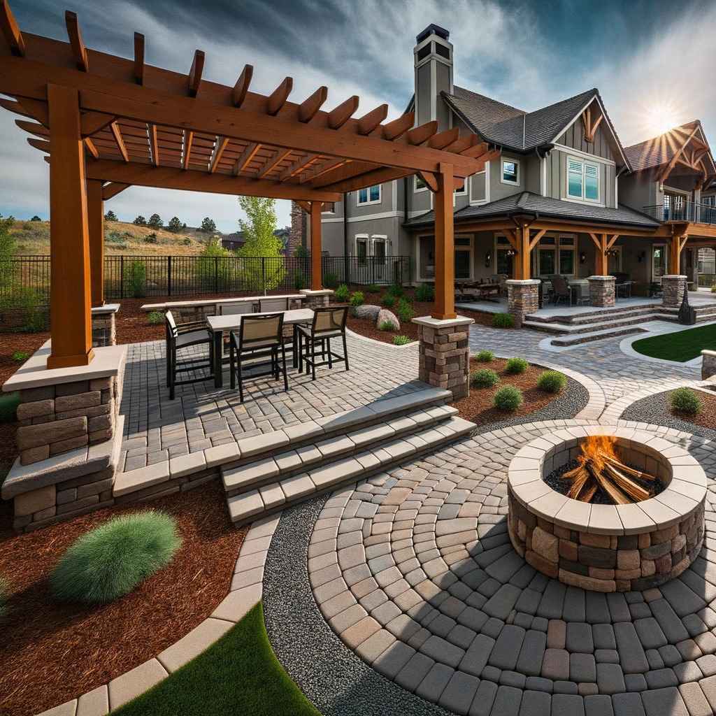 A luxurious backyard featuring a paver patio with a fire pit, a pergola, and a dining area, highlighting expert landscaping in Parker, CO.