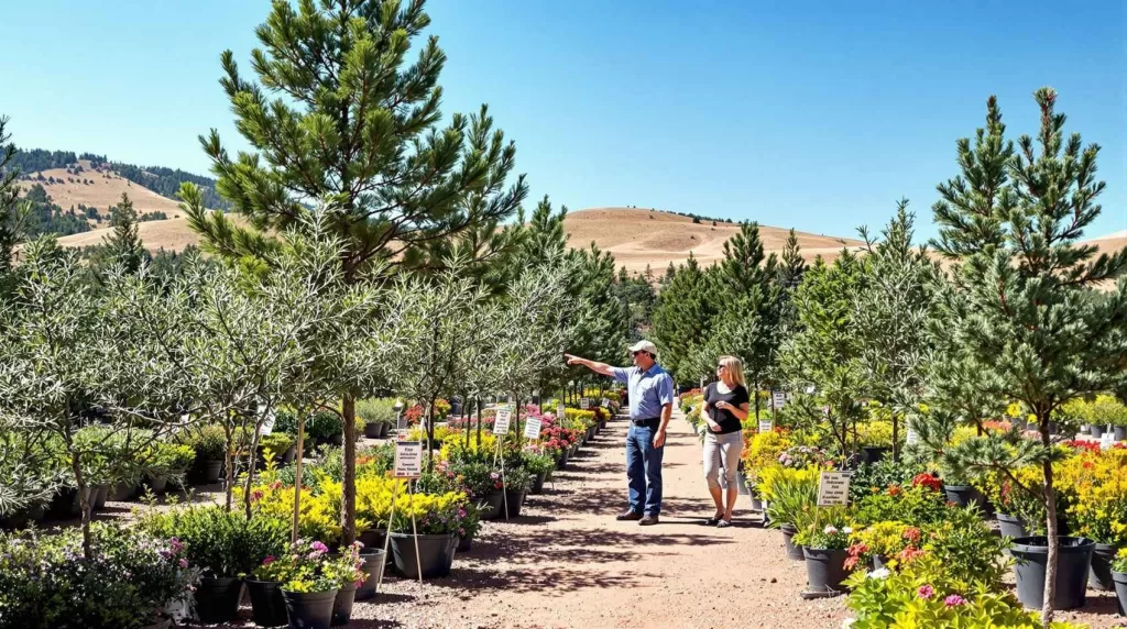 Two people walking through a vibrant nursery filled with trees, shrubs, and colorful plants near Castle Pines.