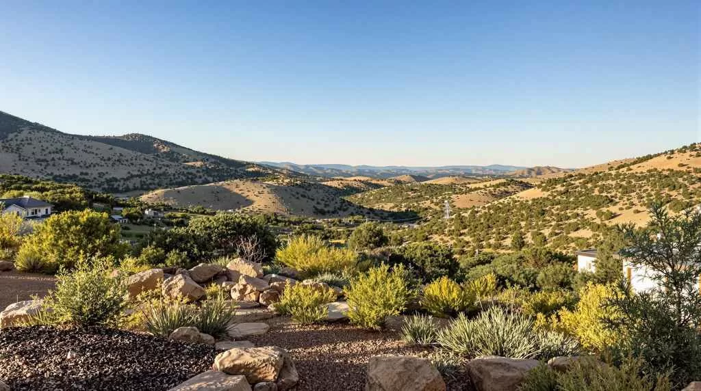 Elevated residential landscape in Castle Pines with native plants and rolling terrain