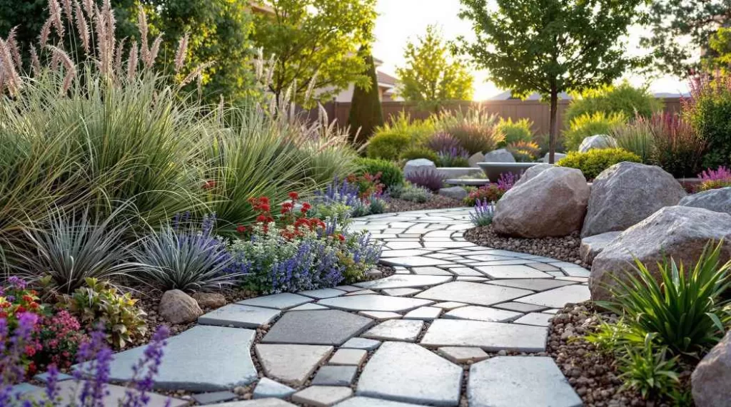 Custom stone walkway through a colorful xeriscape garden in Castle Rock with native plants and decorative boulders