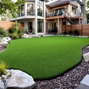 Artificial turf lawn in a modern backyard with decorative rock edging.