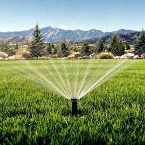 A pop-up irrigation sprinkler watering a lush green lawn with a symmetrical fanned-out water spray, set against a scenic Colorado landscape with evergreen trees and mountains in the background.