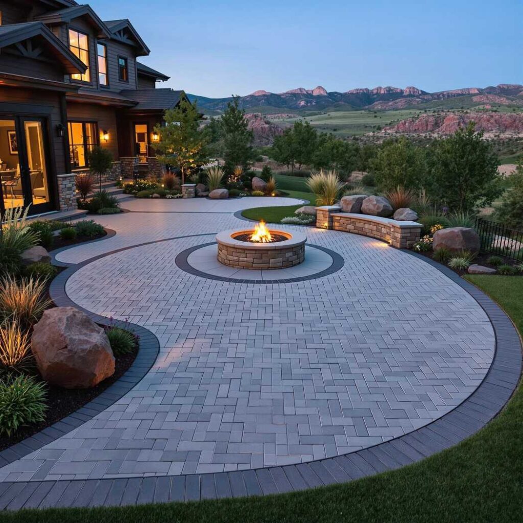 Elegant backyard with a curved paver patio, fire pit, and modern landscaping, set against a scenic Colorado backdrop at dusk.