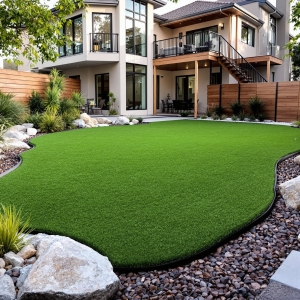 Modern backyard with lush artificial turf, roll-top steel edging, decorative rock beds, and a contemporary home with a second-floor balcony.