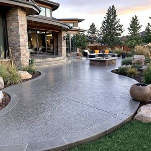 Luxurious backyard with a modern stamped concrete patio featuring a rough stone texture, saw-cut joints, elegant outdoor furniture, and a built-in fire pit.