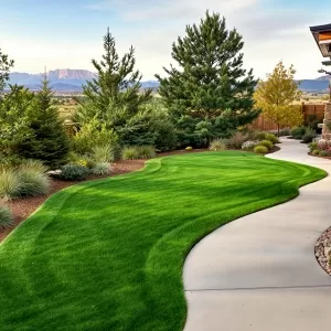 Freshly laid sod with professionally planted trees and shrubs in a backyard.