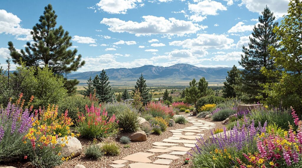 A beautifully landscaped garden in Parker, CO, featuring native plants, flowering perennials, and a scenic mountain backdrop.