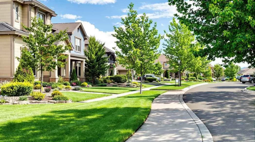 A well-manicured Castle Pines neighborhood street with consistent landscaping.