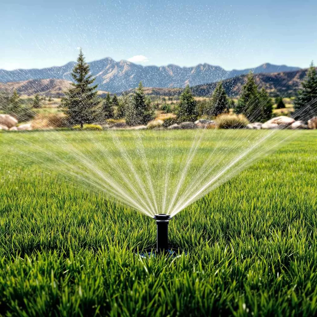 Sprinkler system watering a lawn in front of Colorado mountains