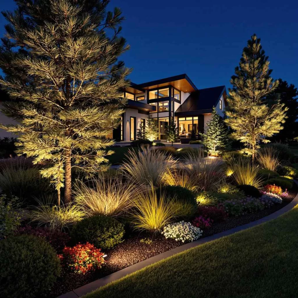 Landscape lighting highlighting trees and plants in a Colorado backyard at night