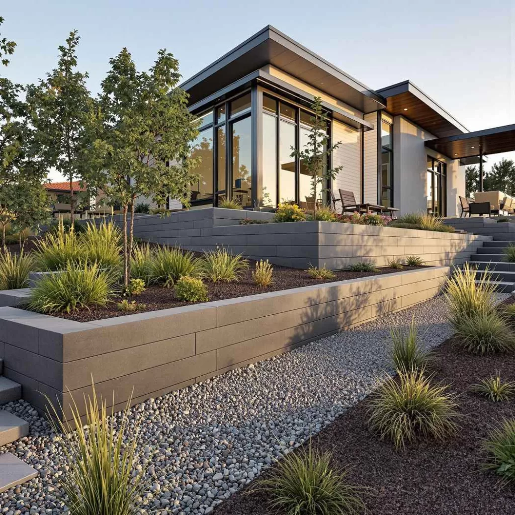 Tiered retaining wall system with modern block and native Colorado plantings