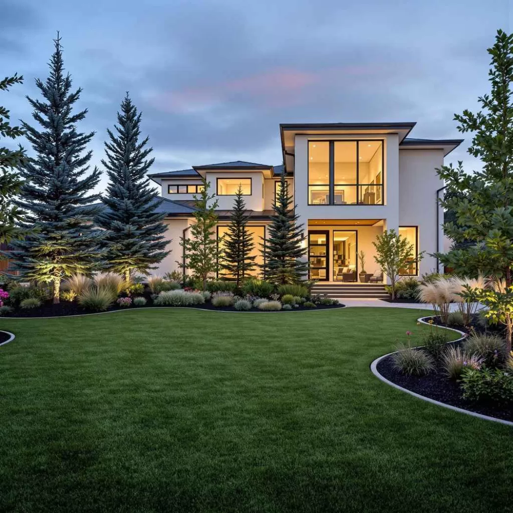 Fresh sod lawn installation with mature trees, flowering shrubs, and manicured edging